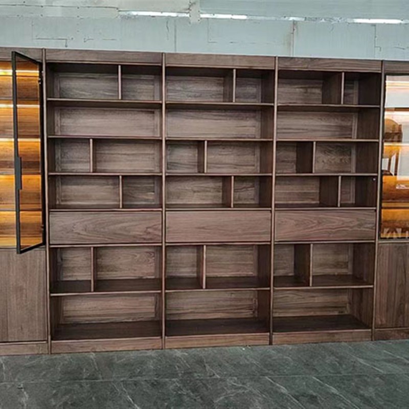定制实木书架整墙书柜落地组合大容量满墙M书橱北美黑胡桃书架简
