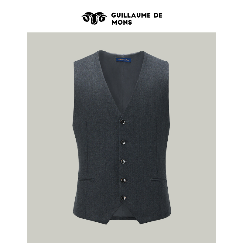 澳嘉马甲男羊毛商务正装修身西服男士背心黑Q色V领深灰暗纹马夹