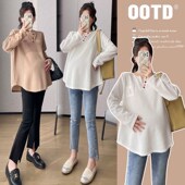 宽松长袖 大码 韩版 休r闲V领加绒时尚 T恤潮妈200斤 孕妇卫衣秋冬新款