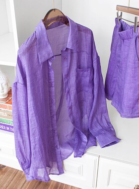 浪漫紫色 舒爽透气亚麻时尚套装宽松D翻领长袖衬衫松紧腰短裤24夏