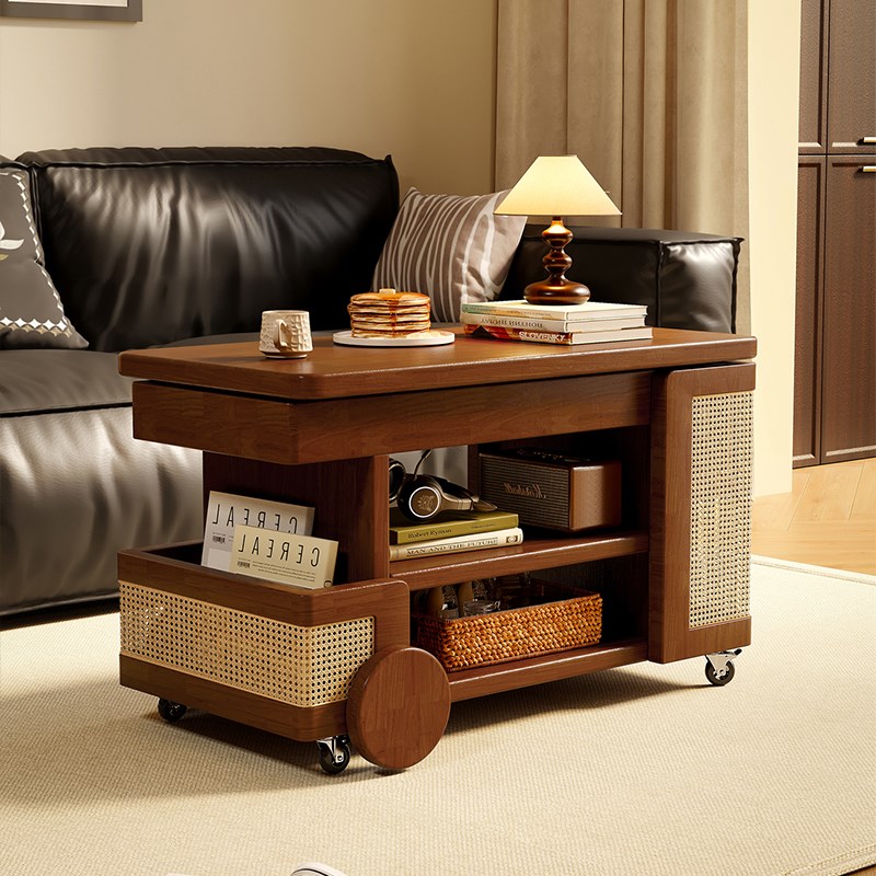 实木可移动茶几升降边几小户型客厅家用中古风小推车巴士沙发边柜
