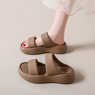 沙滩面包一字 凉拖鞋 女夏季 外穿2024新u款 厚底增高踩屎感沙滩凉鞋