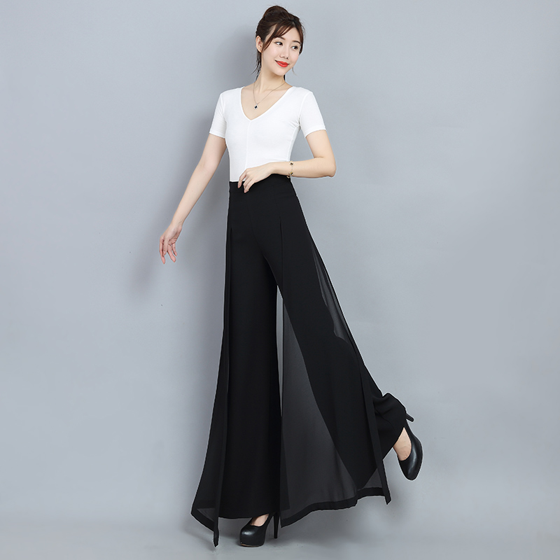 雪纺拼接阔腿裤裙裤女202v1年夏季薄款黑色高腰垂感舞裤休闲长裤