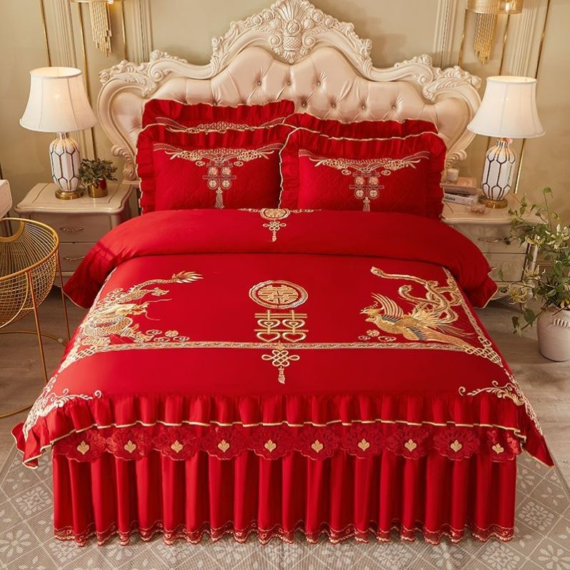高档婚床四件套结婚房床裙全棉刺绣被套喜被结婚床品4件套一整套