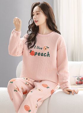 秋冬季空气棉夹层睡衣女甜美加厚长袖三层薄S款夹棉家居服套装