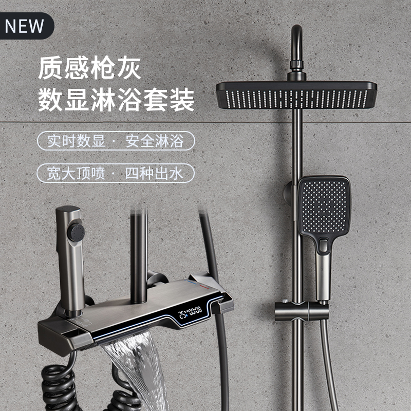 德国全铜枪灰色淋浴花洒套装沐浴家用F浴室增压数显带氛围灯冷热
