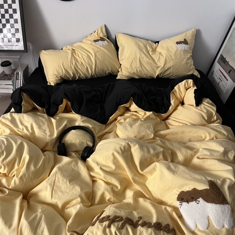 软fufu~可爱萌萌猫水洗棉毛巾绣纯棉F床单四件套全棉被套1.5三件