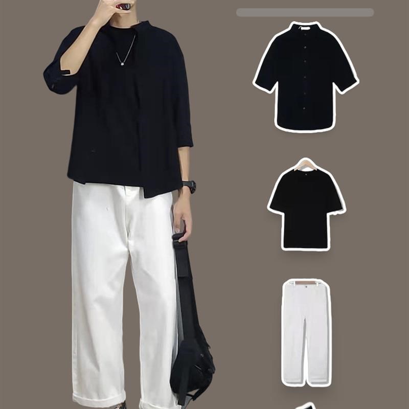 衣服男2024新款爆款夏季短袖衬衫T恤阳光干净男生V穿搭休闲裤套装