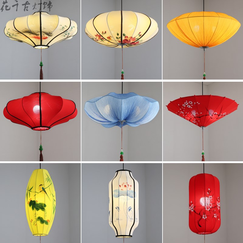 中国风新中式布艺灯具创意手绘灯笼餐厅茶楼过道书房现代仿古吊灯