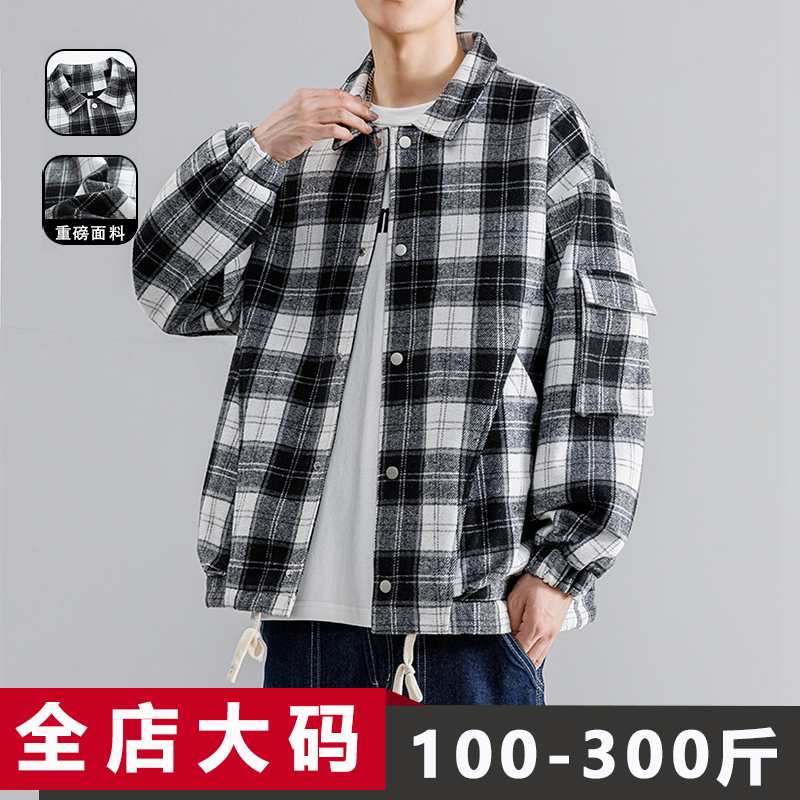 大码黑白格子衬衫男n秋季新款长袖高级感美式休闲宽松胖子加肥加