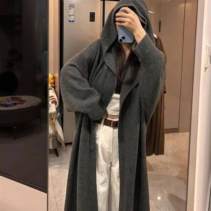 加厚版!慵懒风连帽过膝毛衣开衫女冬F季新款宽松中长款针织衫外套