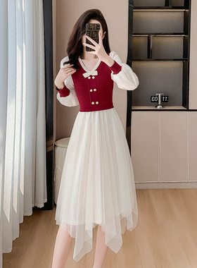 2023秋冬新款温柔风茶歇裙气质显瘦网纱L拼接假两件淑女红色洋装