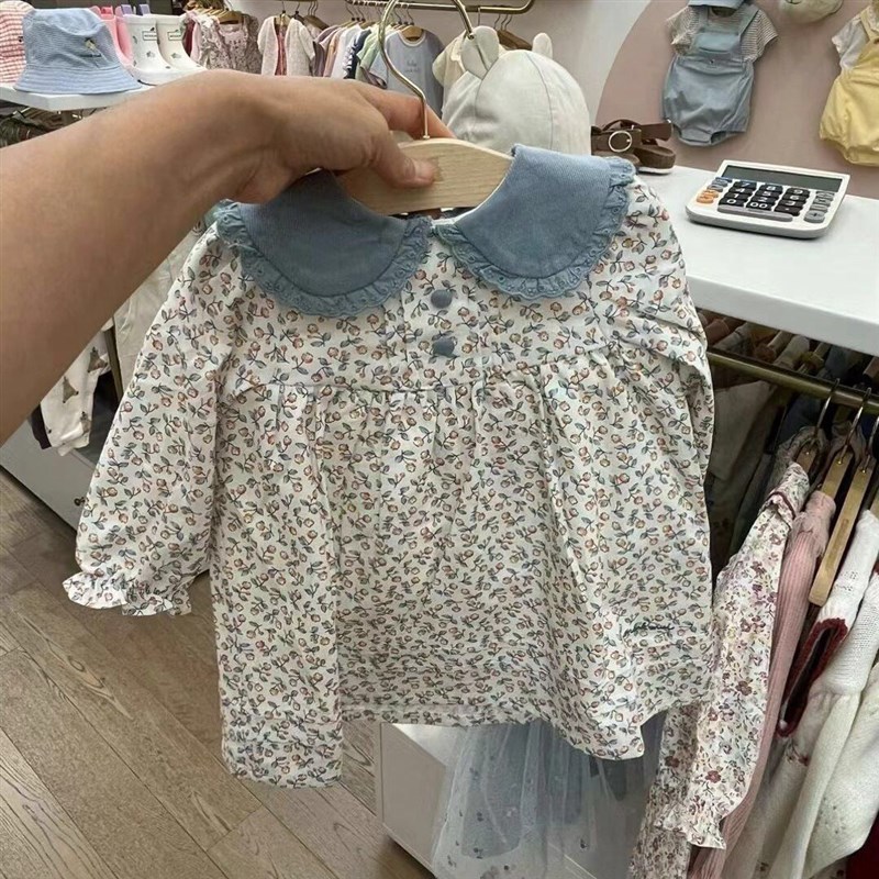 韩国童装 24秋新款女童宝田园风小碎花满印娃娃翻领X长袖连衣裙子