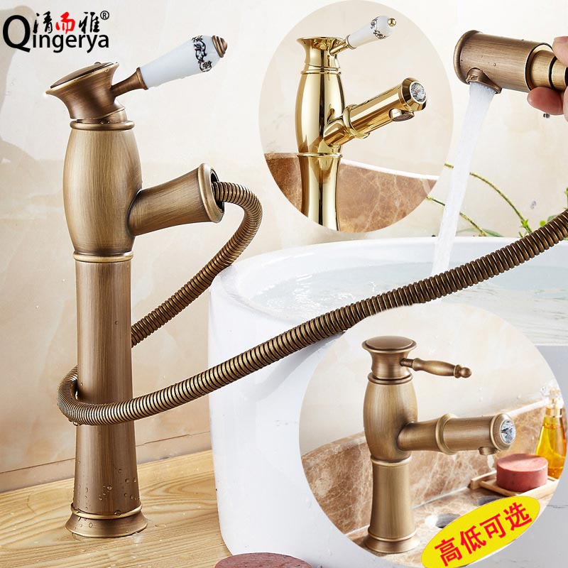 欧式全铜抽拉式面盆水龙头美式复C古金色洗头伸缩仿古台上盆水龙