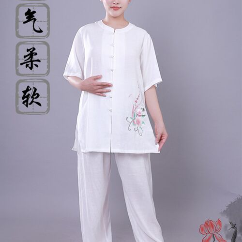 夏季太极服女圆h领珍珠扣棉麻短袖武术服中老年太极拳八段锦练功