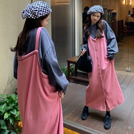 大码女装微胖e妹妹宽松显瘦慵懒风卫衣针织吊带连衣裙开衫套装秋