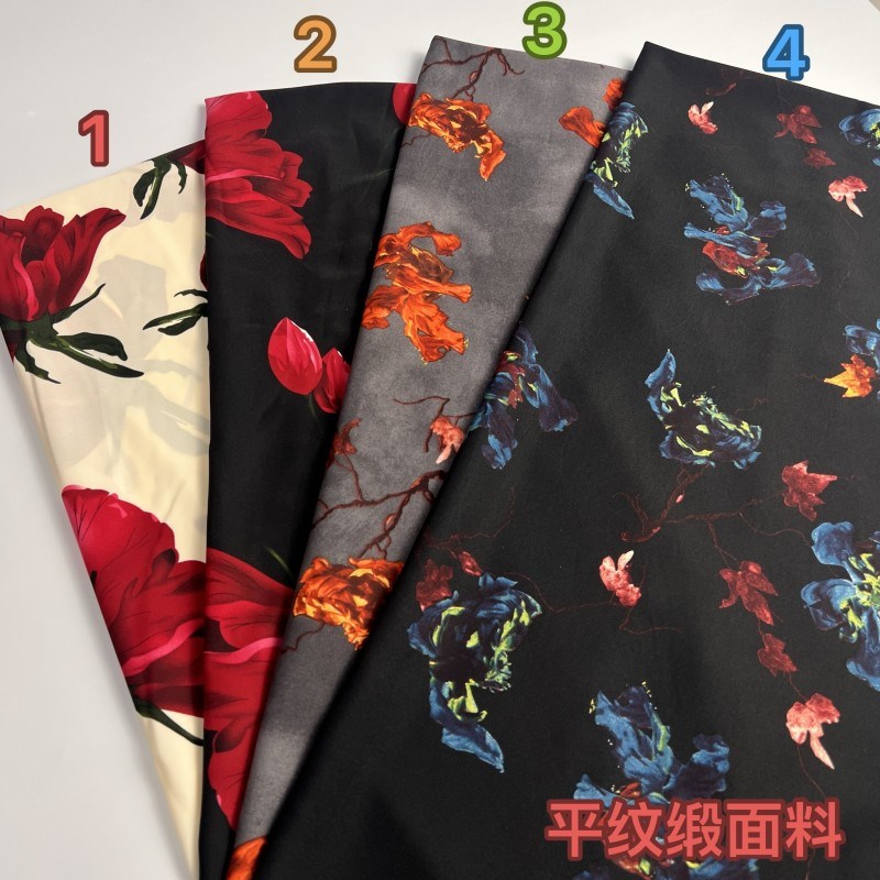 平纹缎复古玫瑰印花布料春夏季连衣裙衬衫半身裙柔软光滑垂上档次