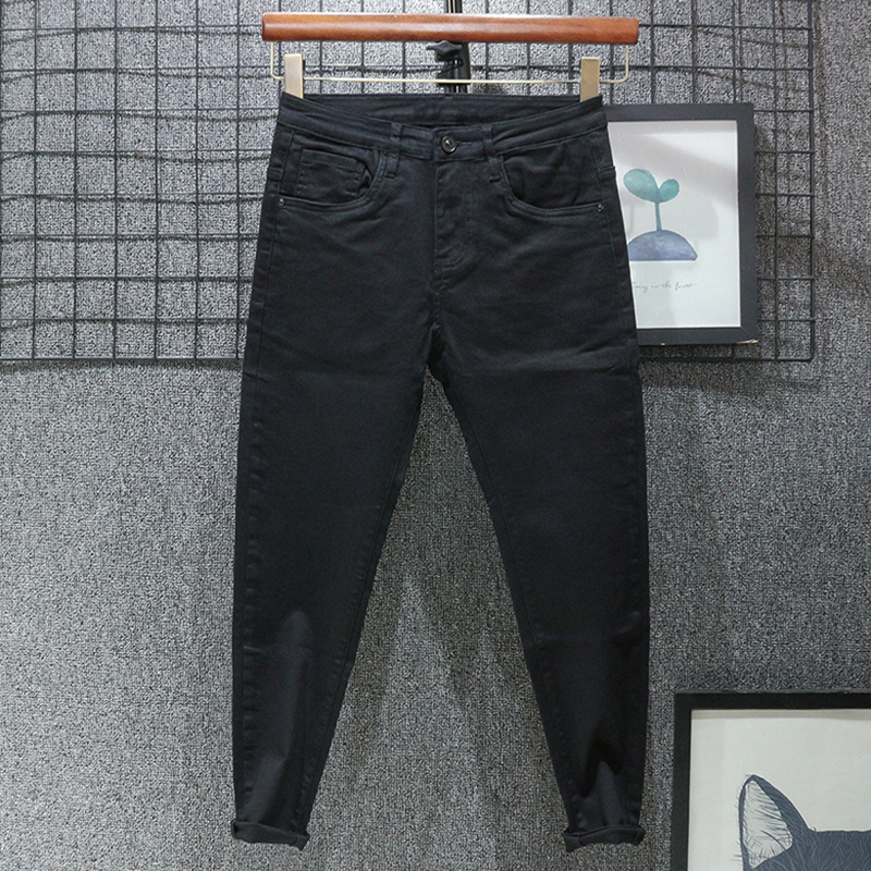 帅气夏季薄款  黑色牛仔裤男修身小脚长裤九分潮流休.闲弹力裤子