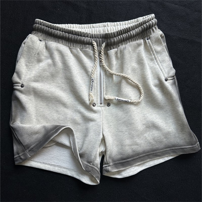 美式复古做旧短裤男夏季潮牌宽松休闲五分M裤子男士灰色运动裤毛