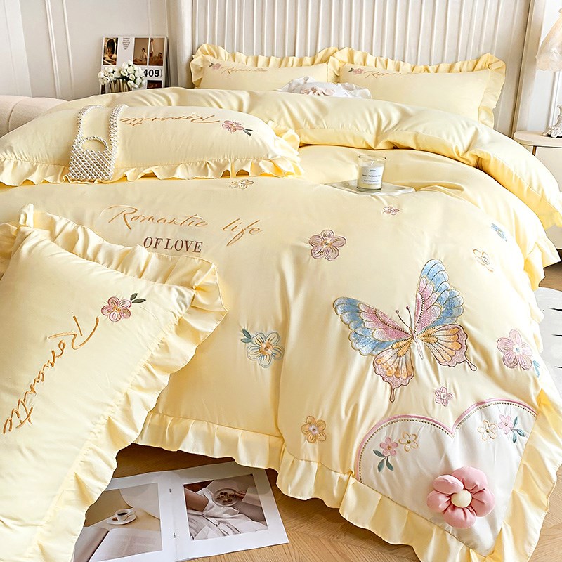 韩版公主风纯棉全棉床上四件套裸睡刺绣被套少女心高W级感床单被