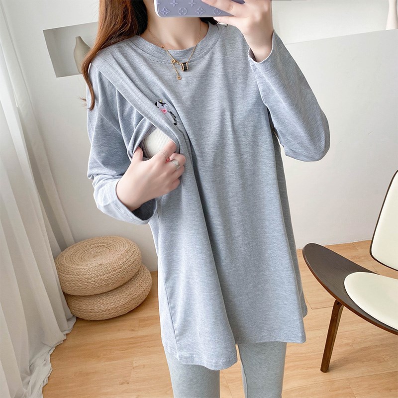 哺乳衣外出春秋长袖T恤纯棉w产后月子服睡衣外穿喂奶衣上衣辣妈款