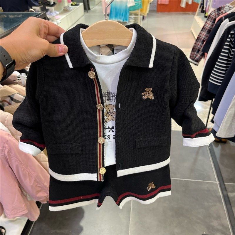 韩国童装 24冬款男童帅气学院风针织毛衣开衫 洋气五分裤轻奢套装