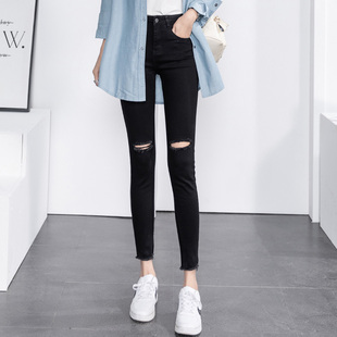 黑色裤子女九分紧身小脚q2021夏秋百搭破洞牛仔裤弹力显瘦打底裤