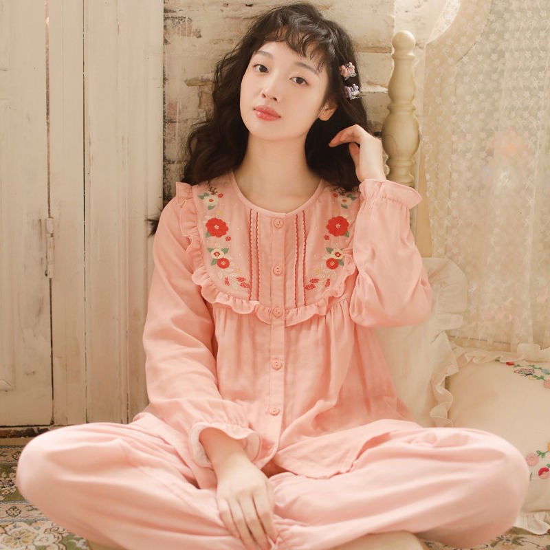 甜美少女春秋女士日系新款睡衣纯棉纱布休闲套装大码家居服两件套