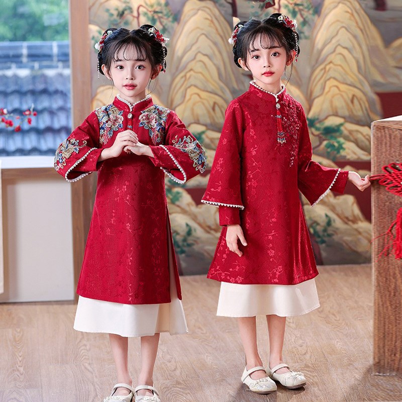 女童红色春秋季旗袍连衣裙2025新款小女孩汉服秋冬儿童中式拜年服