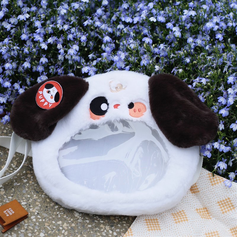 漫可布棉花娃娃毛绒娃包斜跨肩带可调节小白狗娃包可装2个20CM娃