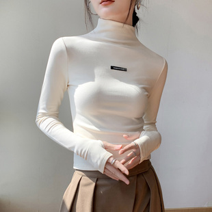 半高领手套袖e打底衫女2024秋冬加绒字母修身正肩长袖磨毛T恤上衣