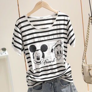 短袖 新款 T恤女胖MM 夏季 纯棉圆领条纹竹节棉宽松卡通显瘦高档新款
