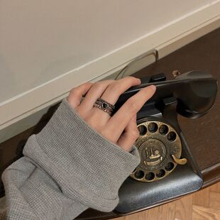 一体戒暗黑做旧三层心形戒指缕空复古泰银ins网红百搭开口食指