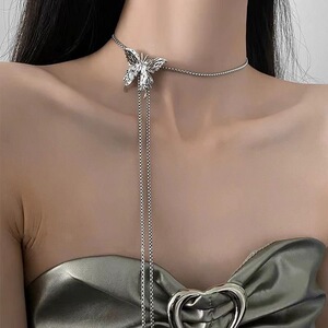 钛钢可抽拉银色蝴蝶流苏项链女