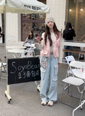 CHACHA【蕾丝牛仔】春季新款韩系时尚设计感高腰蕾丝牛仔裤女