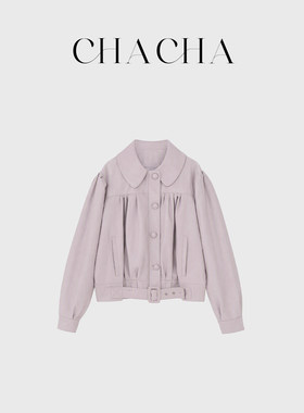 CHACHA【粉紫皮衣】休闲时尚百搭浅粉紫色捏褶皮衣