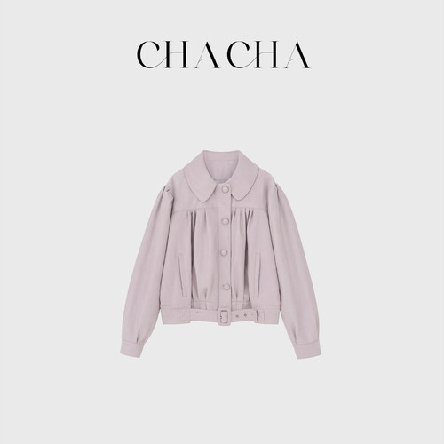 CHACHA【粉紫皮衣】休闲时尚百搭浅粉紫色捏褶皮衣