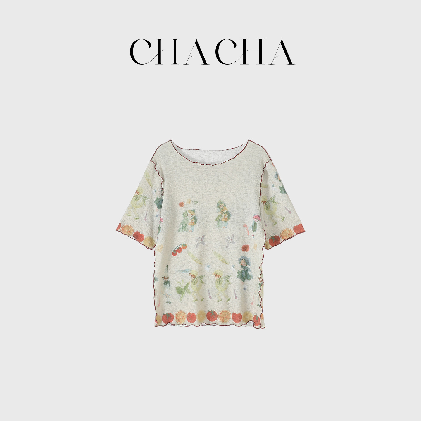 CHACHA【莓果漫叙】休闲时尚百搭印花密拷长袖T恤