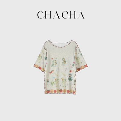 CHACHA【莓果漫叙】休闲时尚百搭印花密拷长袖T恤