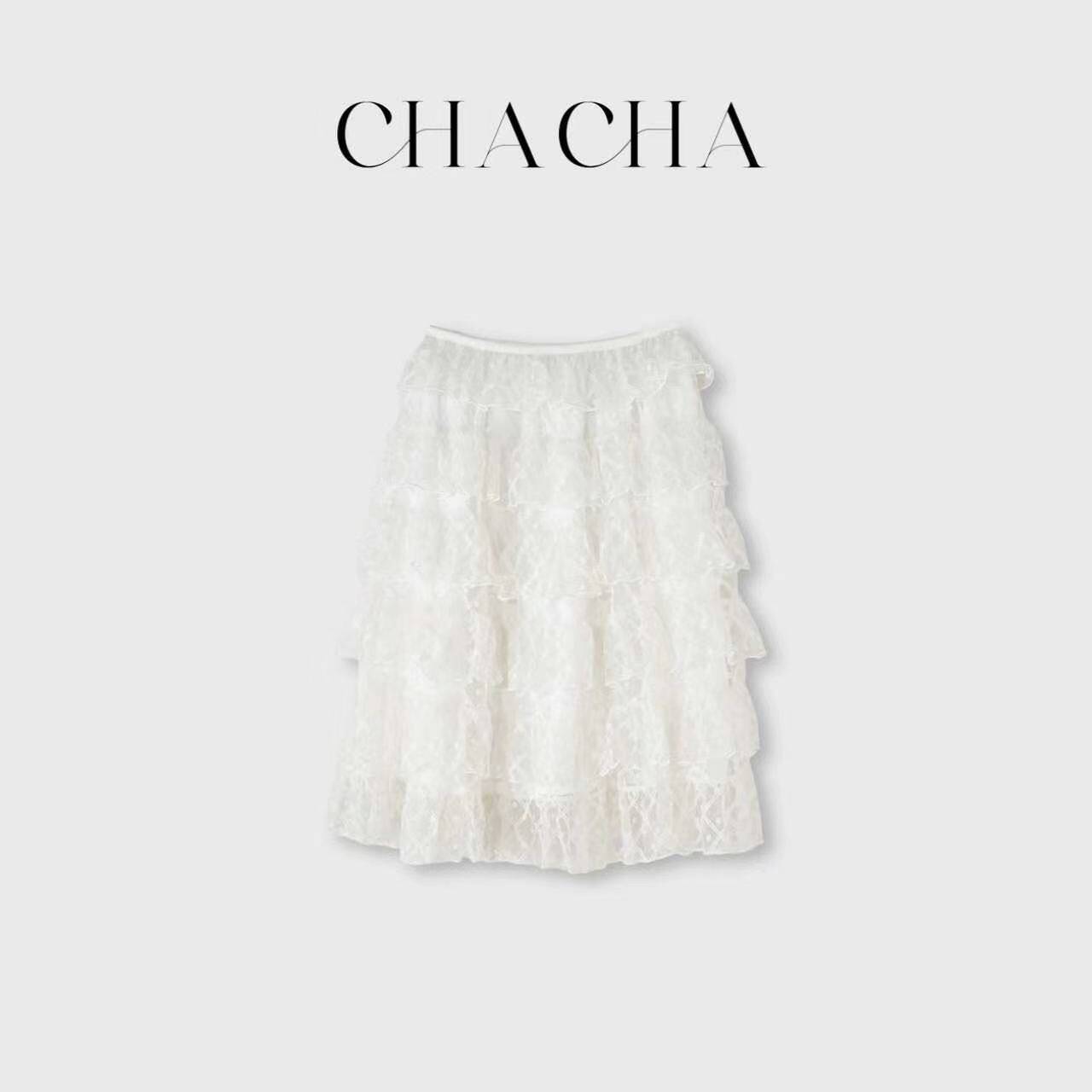 CHACHA【蛋糕裙】休闲时尚百搭白色波点网纱蛋糕裙