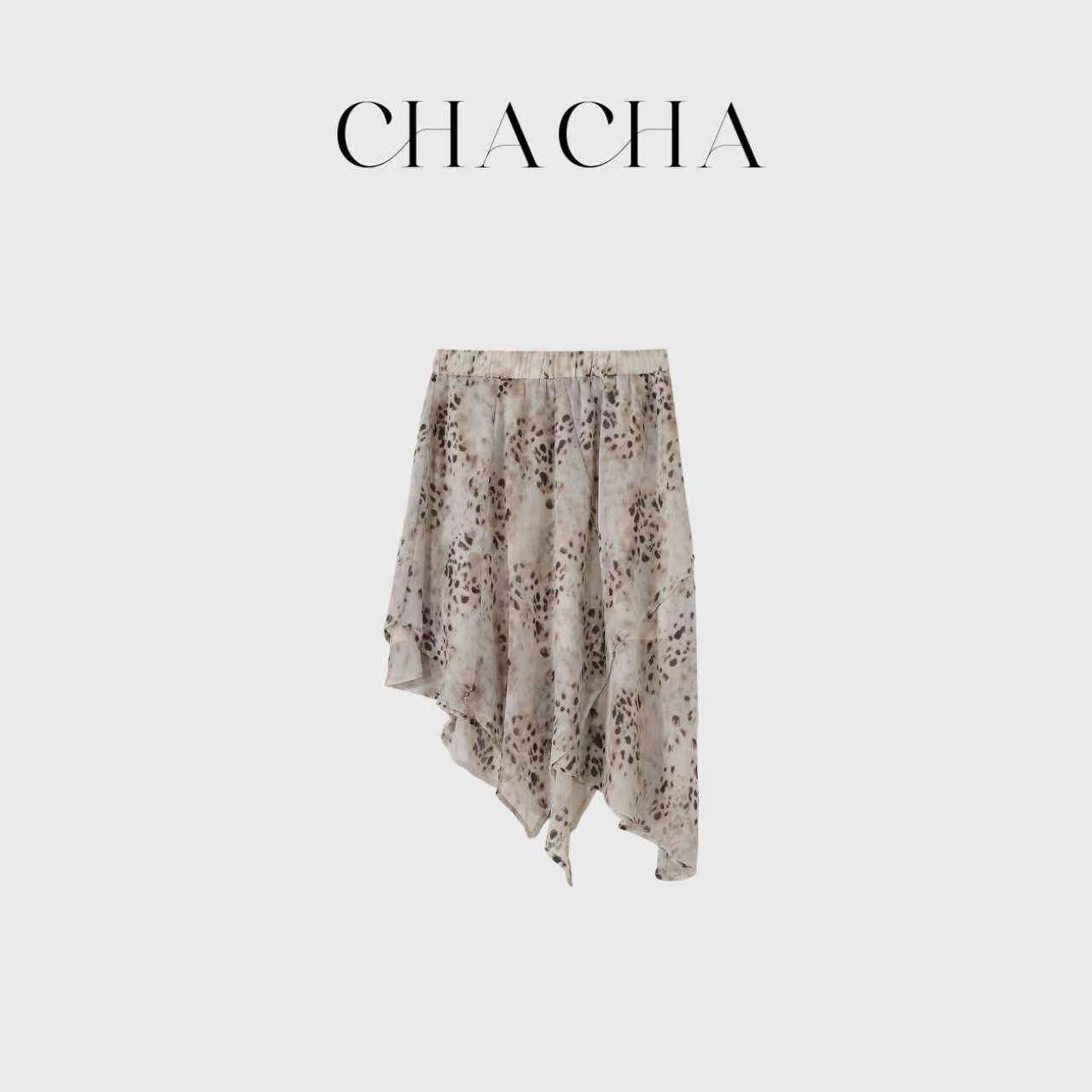 CHACHA【云汐】休闲时尚百搭不规则豹纹纱裙