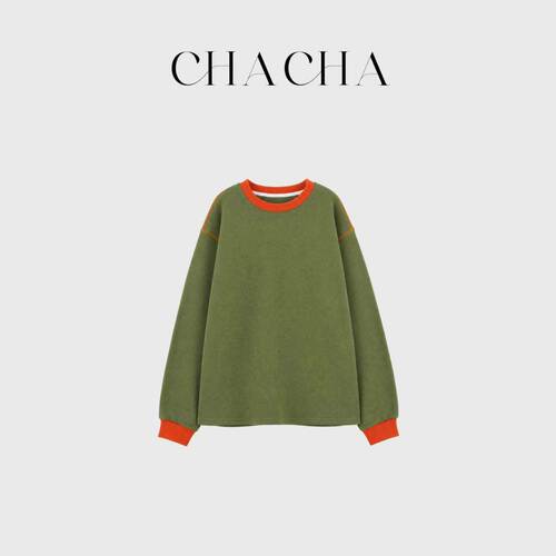 CHACHA【焦糖拿铁】休闲时尚百搭绿橙撞色长t恤
