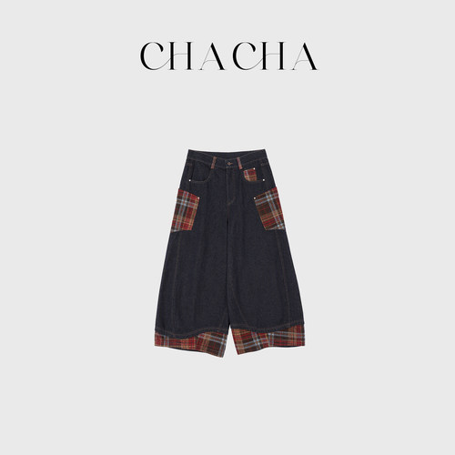 CHACHA【梨形天菜】休闲舒适百搭牛仔拼红格子九分裤