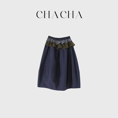 CHACHA【拼接花苞裙】休闲时尚百搭三拼藏青花苞裙