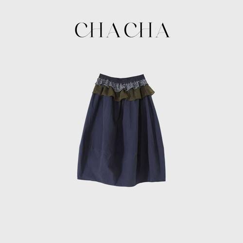 CHACHA【拼接花苞裙】休闲时尚百搭三拼藏青花苞裙