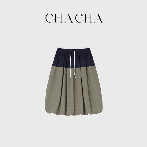 CHACHA【漫步园野】休闲时尚百搭藏青拼军绿半裙