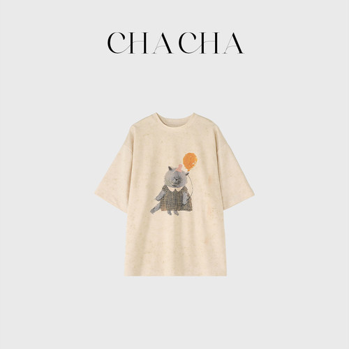 CHACHA【气球猫咪T】休闲时尚百搭气球猫咪印花T恤