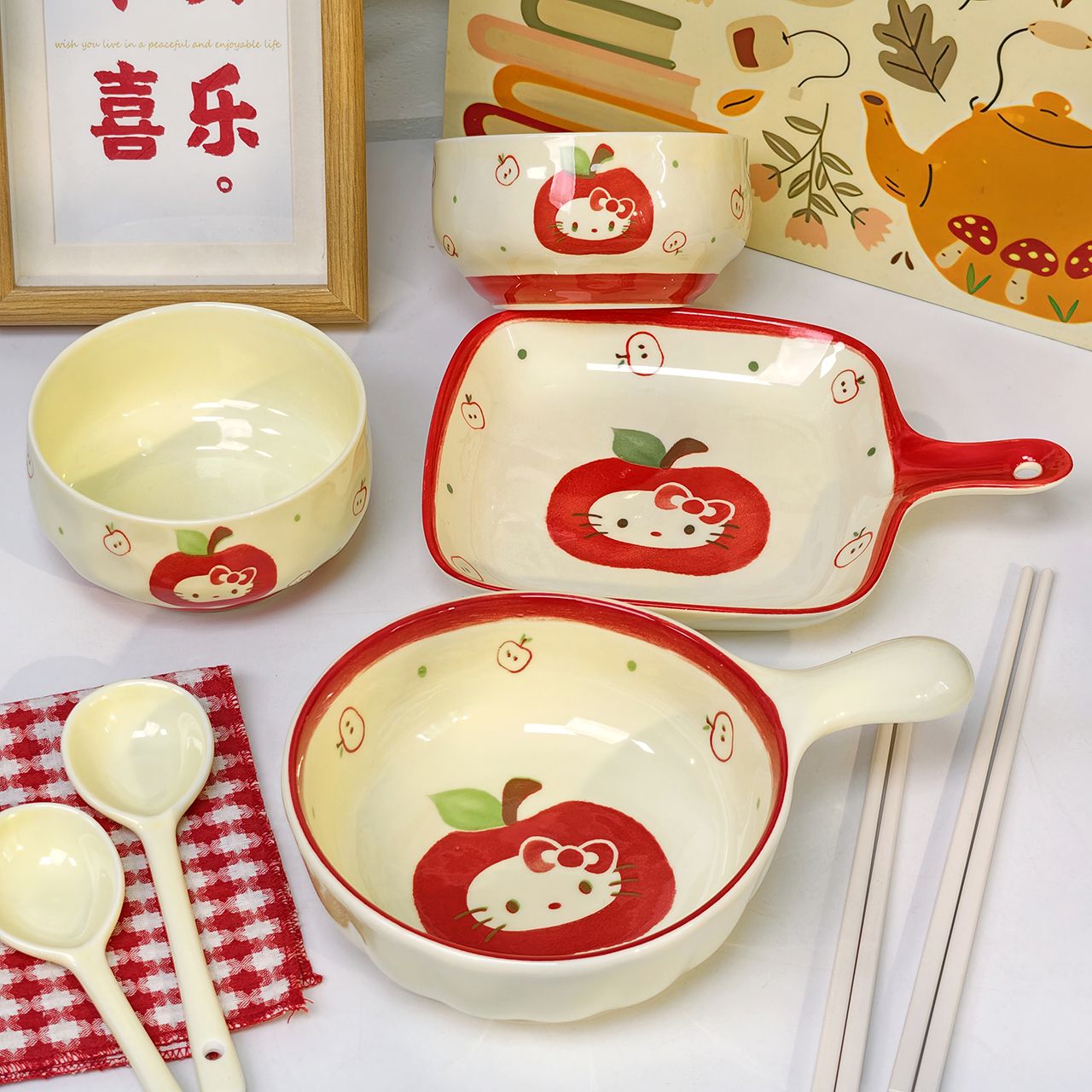 苹果水果陶瓷碗少女心手柄碗勺一人食釉下彩饭碗苹果系餐具套装