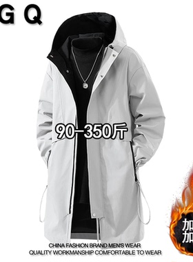 VGQ男士中长款加绒加厚夹克秋冬款加肥加大潮流百搭休闲连帽外套