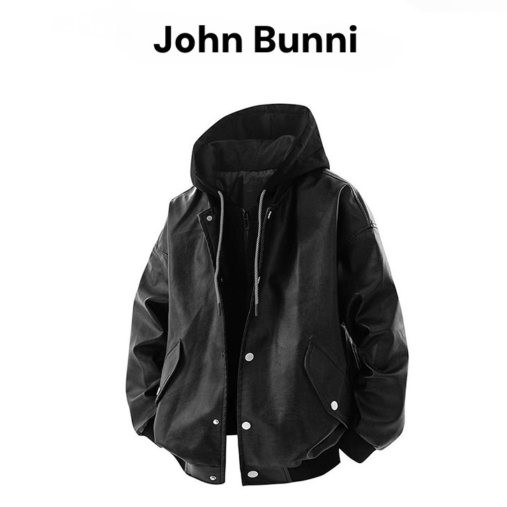 John Bunni潮流连帽款假两件皮夹克男士秋冬新款加厚皮衣外套